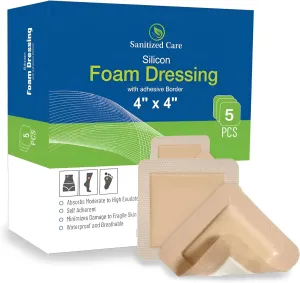 Silicone Foam Dressing with Border Adhesive 4"x4" Wound Dressing First Aid Bandage for Wound Care 05 Pack