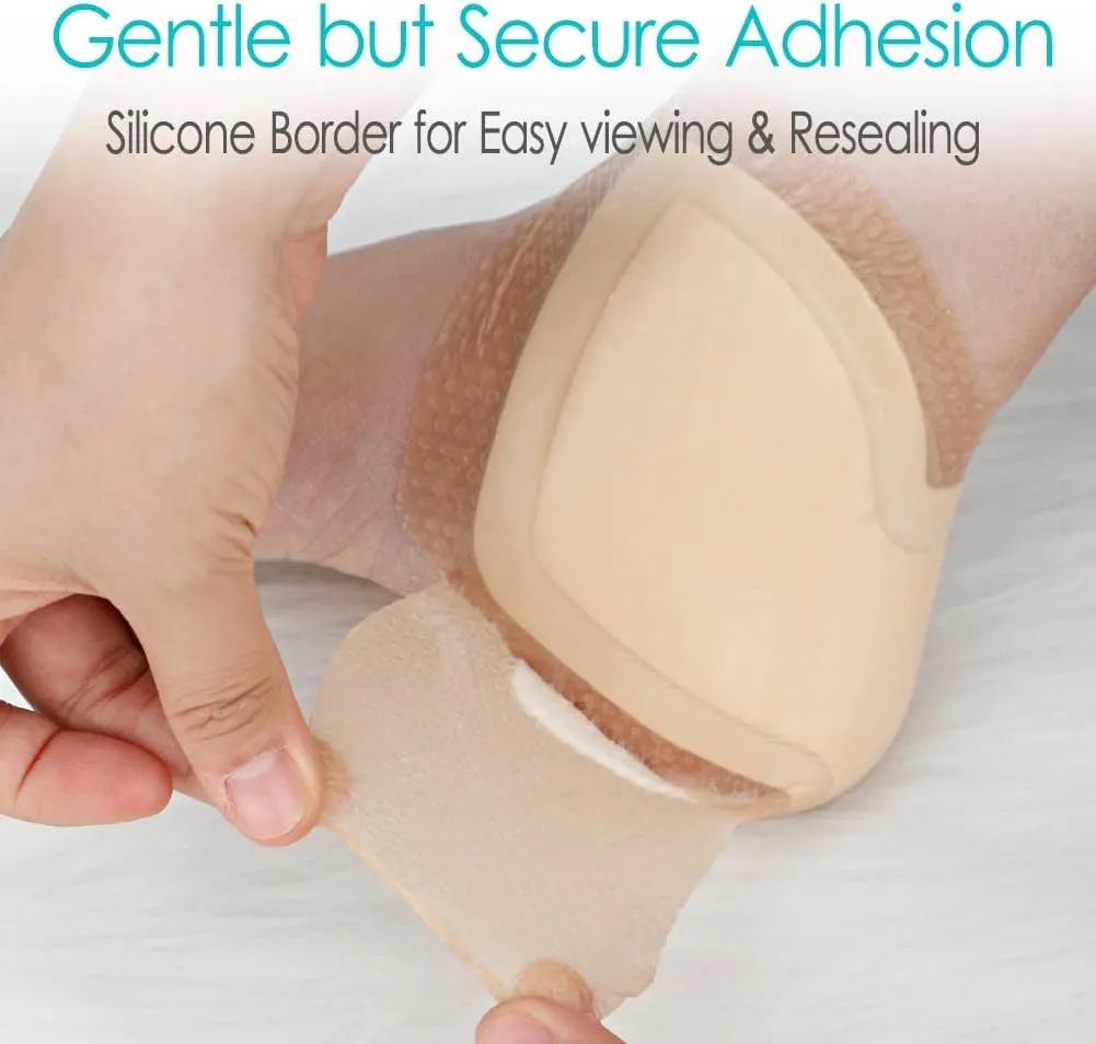 Silicone Foam Dressing Wounds Bandages with Gentle Adhesive Border - 8"x8" Heel Protector Padding for Ulcer, Sore, Cracked Heels (Pack of 3)