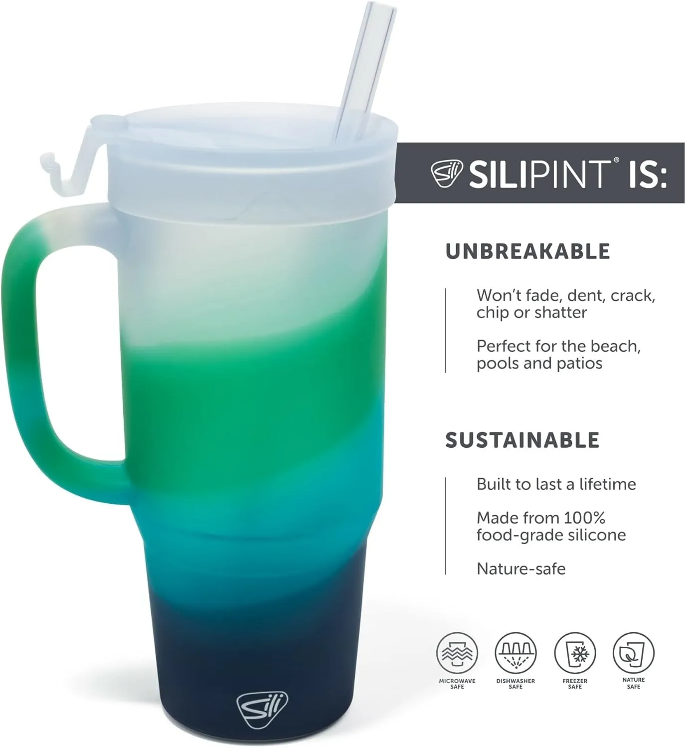 Silipint: Humbler 32oz - Mountain Air -Silicone Handled Tumbler, Lid & Straw, Unbreakable Cup, Hot/Cold Drinks, Dishwasher-Microwave-Freezer-Oven Safe