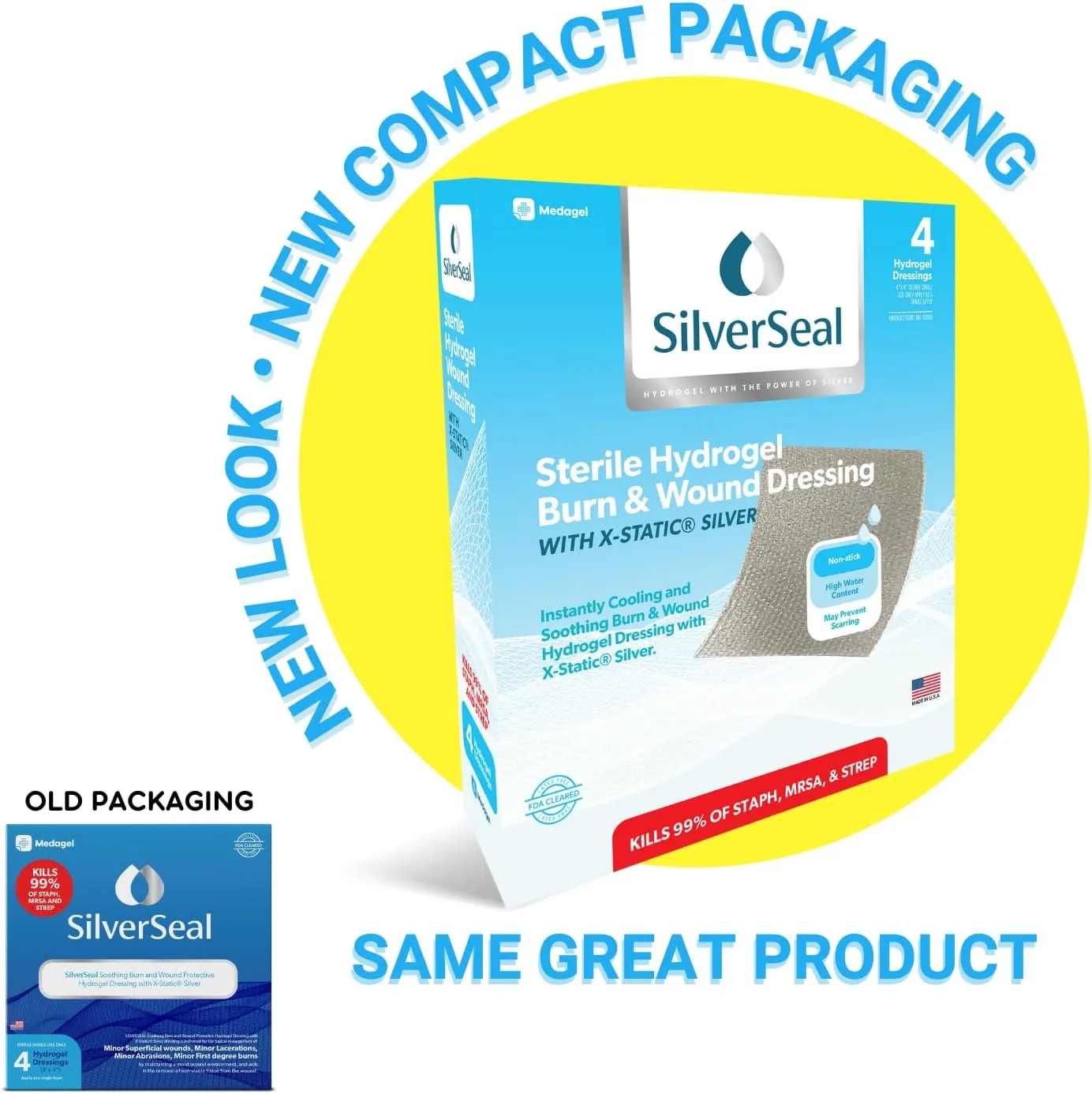 SilverSeal Burn and Wound Dressing | Hydrogel Pads with X-Static Silver | Soothing, Moist & Protective | Burns, Cuts & Wounds | 4 Sterile Dressings