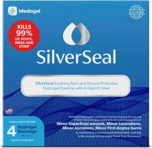 SilverSeal Burn and Wound Dressing | Hydrogel Pads with X-Static Silver | Soothing, Moist & Protective | Burns, Cuts & Wounds | 4 Sterile Dressings