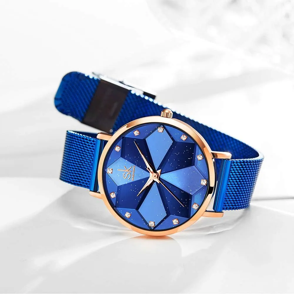 SK Ultra Thin Minialist Creative Starry Sky Women Watch with Stainless Steel Mesh Band Floral Watch
