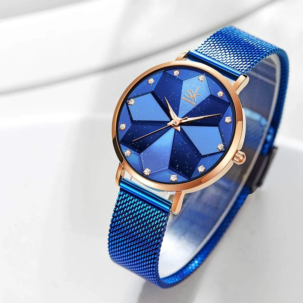 SK Ultra Thin Minialist Creative Starry Sky Women Watch with Stainless Steel Mesh Band Floral Watch