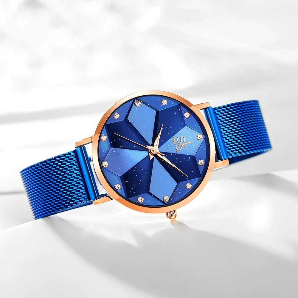 SK Ultra Thin Minialist Creative Starry Sky Women Watch with Stainless Steel Mesh Band Floral Watch