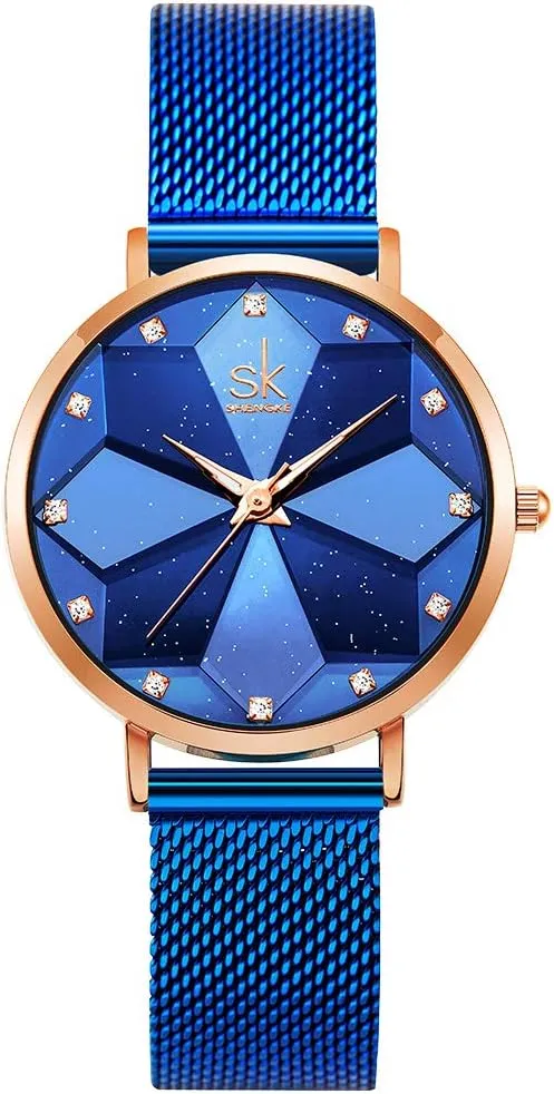 SK Ultra Thin Minialist Creative Starry Sky Women Watch with Stainless Steel Mesh Band Floral Watch