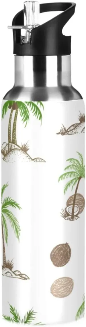 Sketch Palm Tree Sports Water Bottle with Straw, 22oz BPA Free Stainless Steel Vacuum Insulated Bottle for Gym Fitness Outdoor