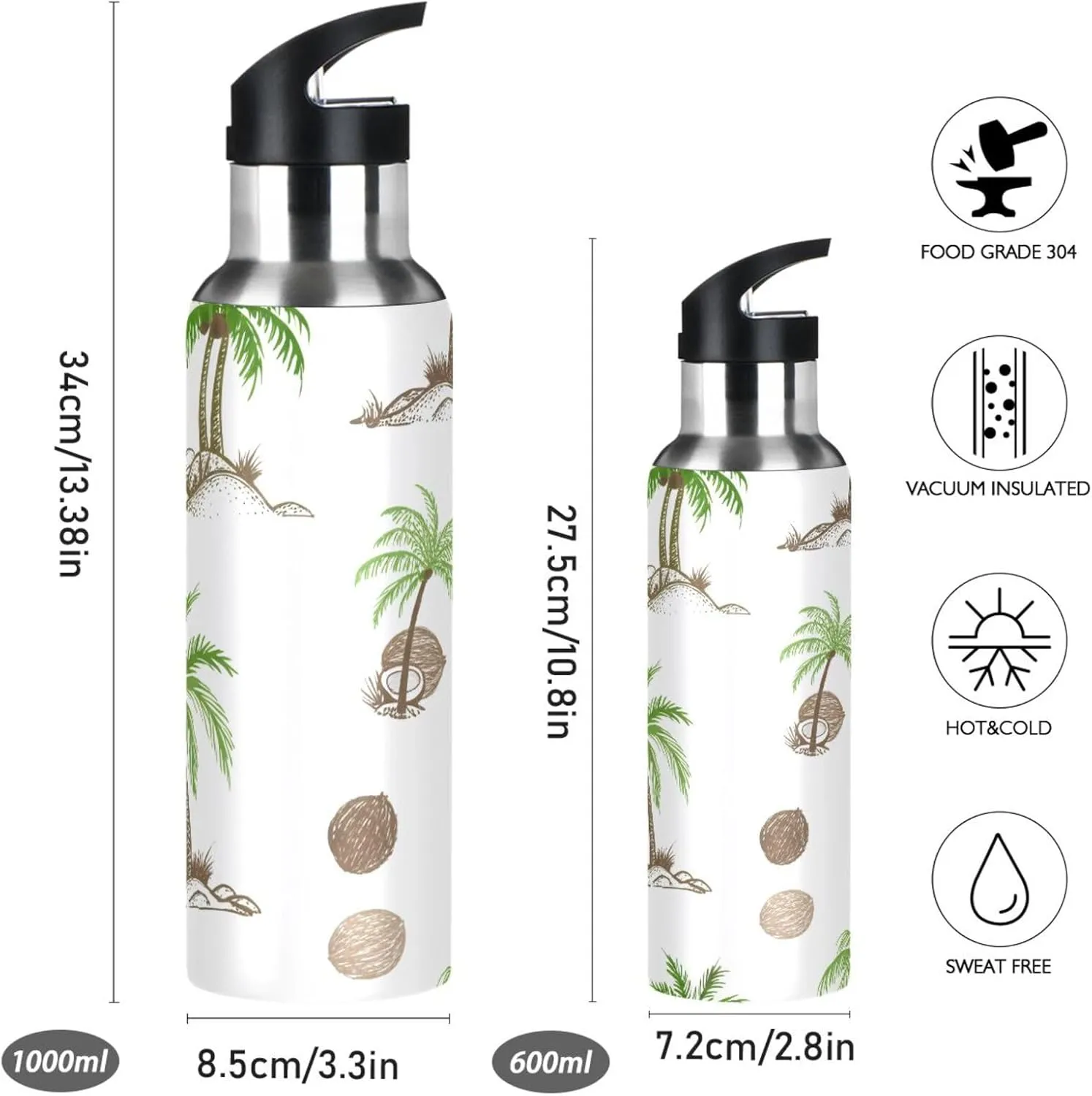 Sketch Palm Tree Sports Water Bottle with Straw, 22oz BPA Free Stainless Steel Vacuum Insulated Bottle for Gym Fitness Outdoor