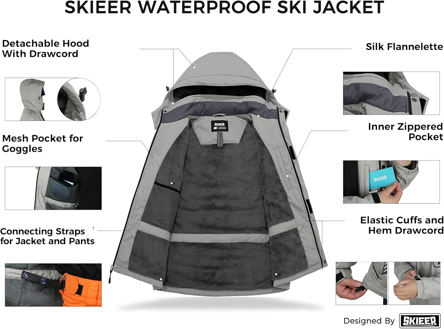 Skieer Men's Mountain Waterproof Ski Jacket Winter Rain Jacket Warm Fleece Snow Coat