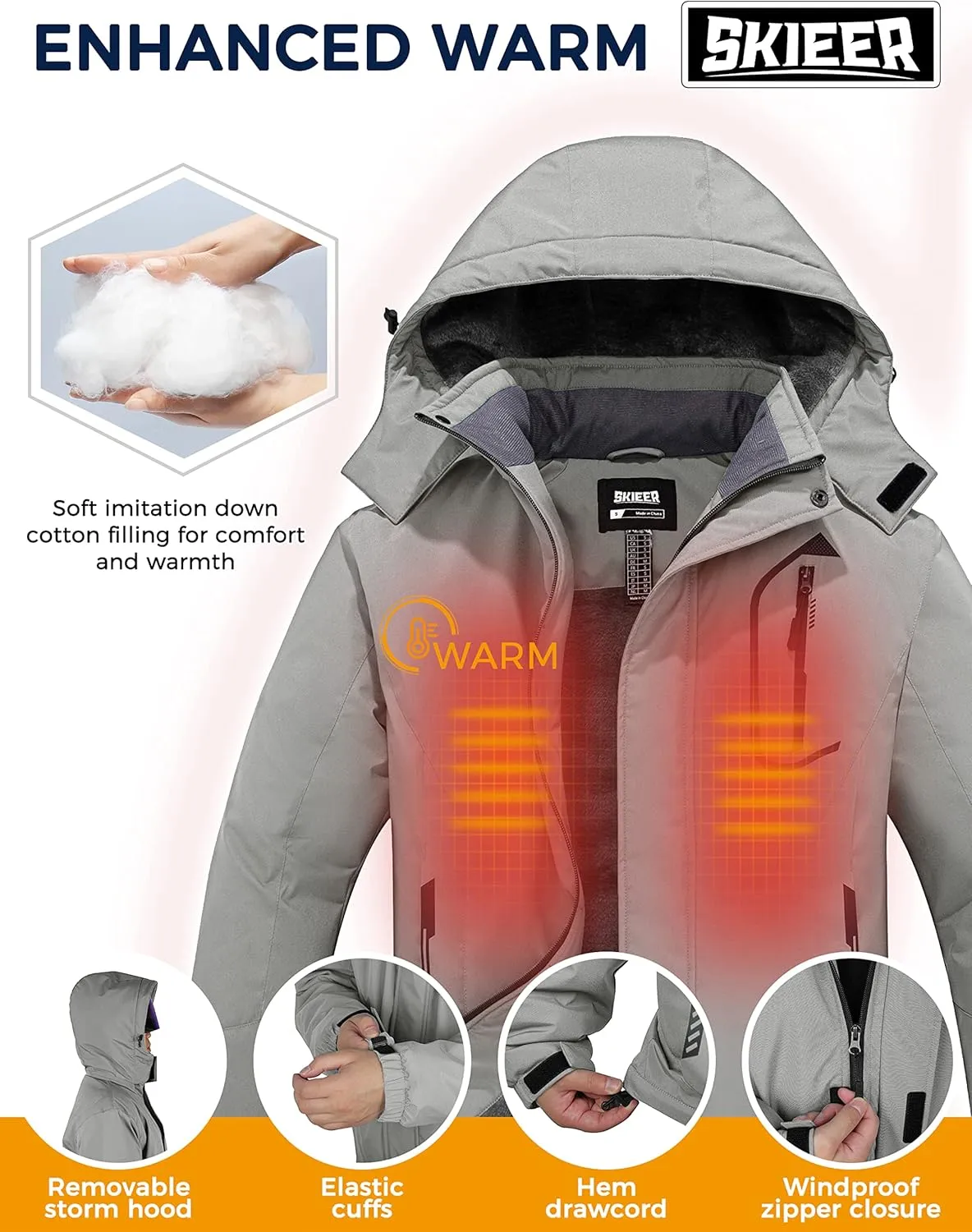 Skieer Men's Mountain Waterproof Ski Jacket Winter Rain Jacket Warm Fleece Snow Coat