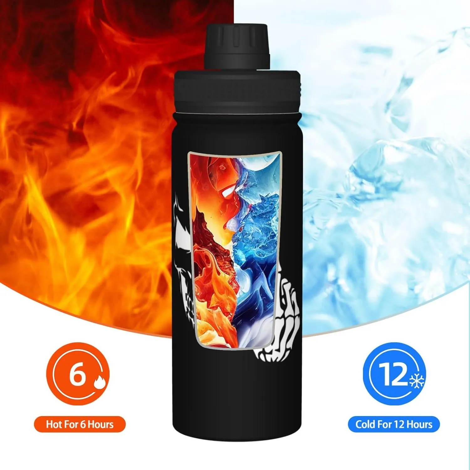Skull Middle Finger 18oz Large Capacity Sports Insulated Water Bottle Black