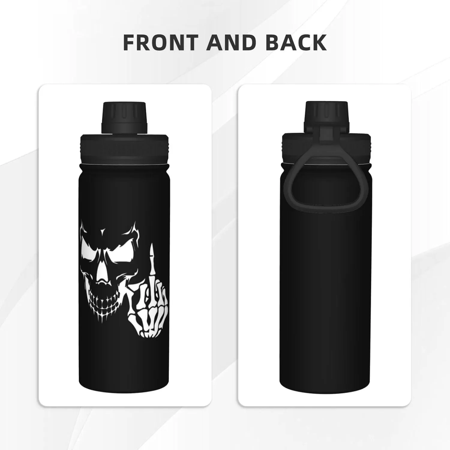 Skull Middle Finger 18oz Large Capacity Sports Insulated Water Bottle Black