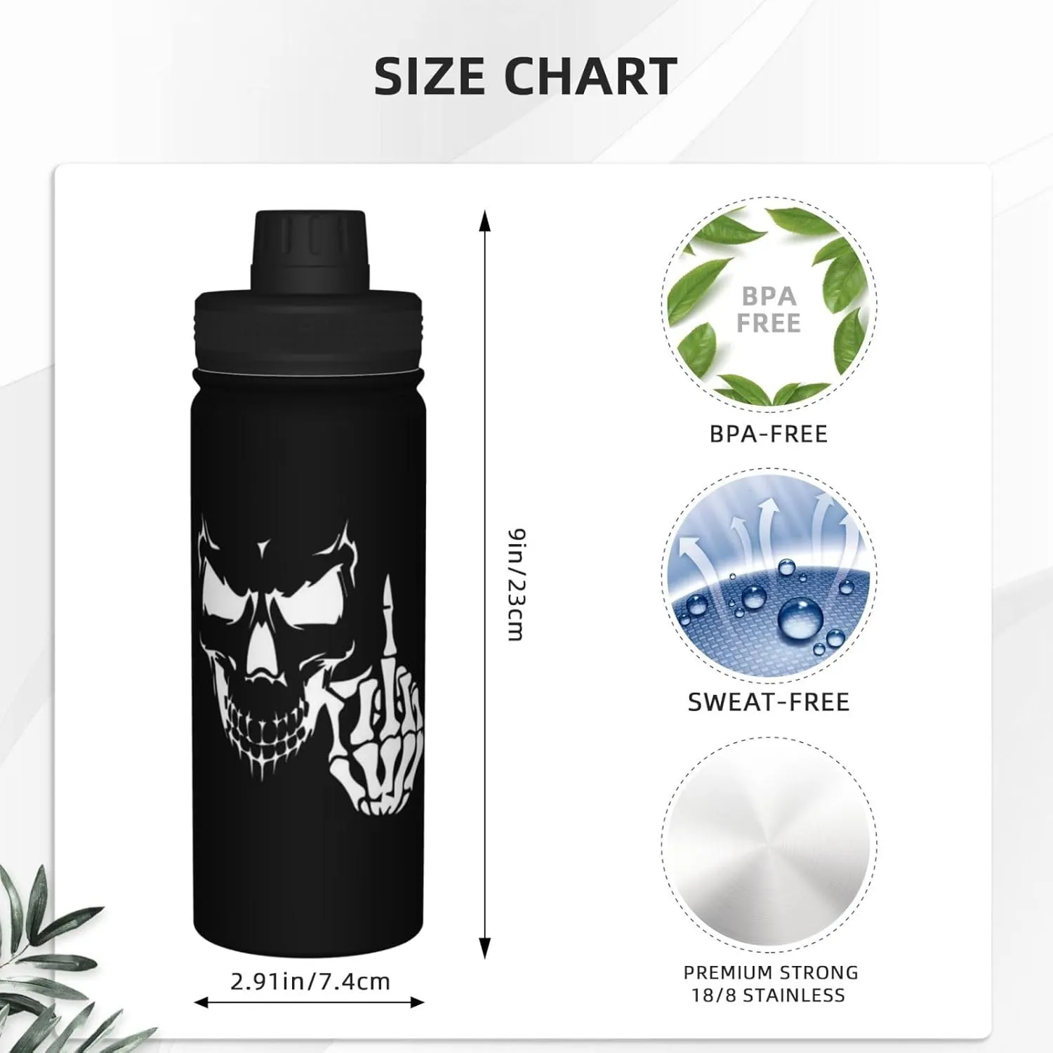 Skull Middle Finger 18oz Large Capacity Sports Insulated Water Bottle Black