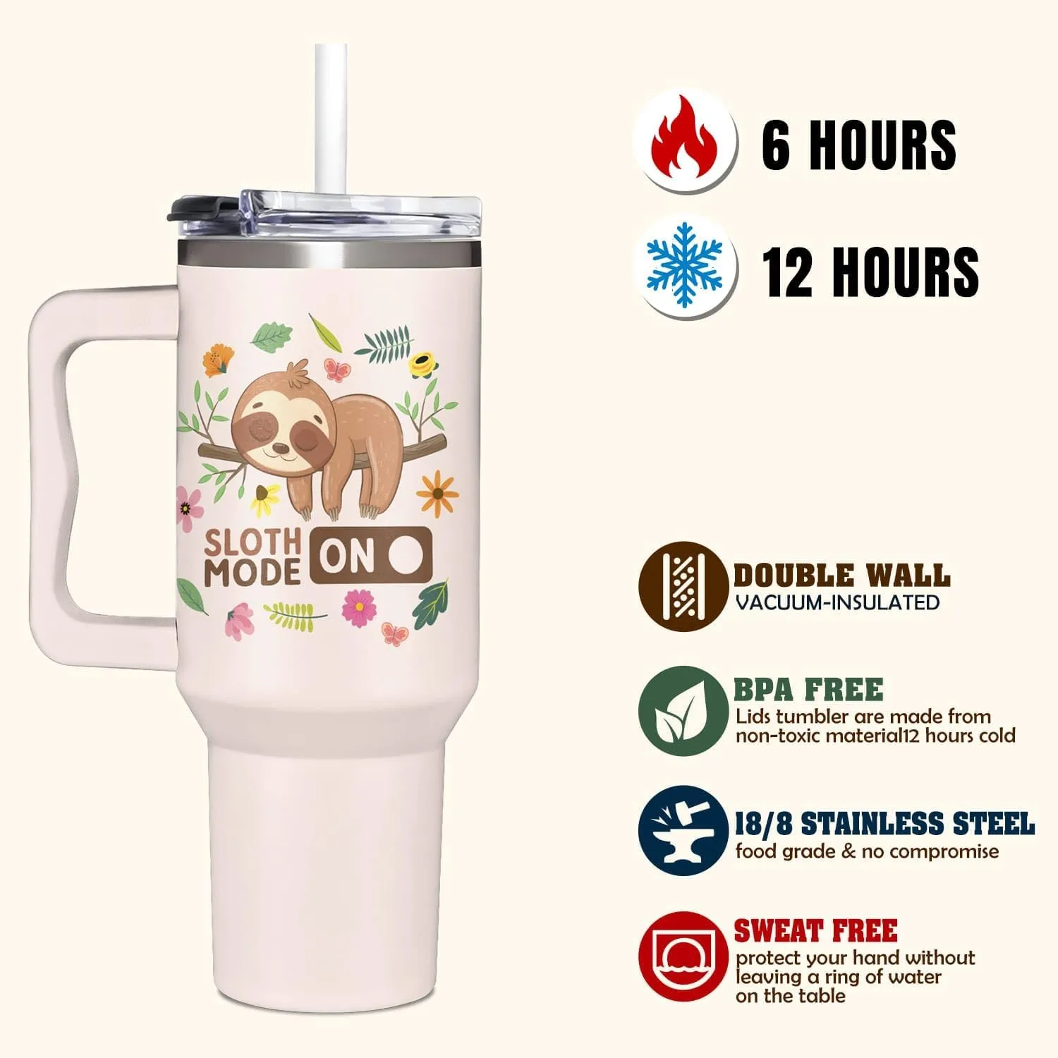 Sloth Gifts For Women - Sloth Tumbler for Animal Lovers - 40oz Tumbler with Handle Gift for Women, Girls 10-12 - Adult - Gifts for Birthday, Christmas, Mothers Day, Lazy Animal Enthusiasts