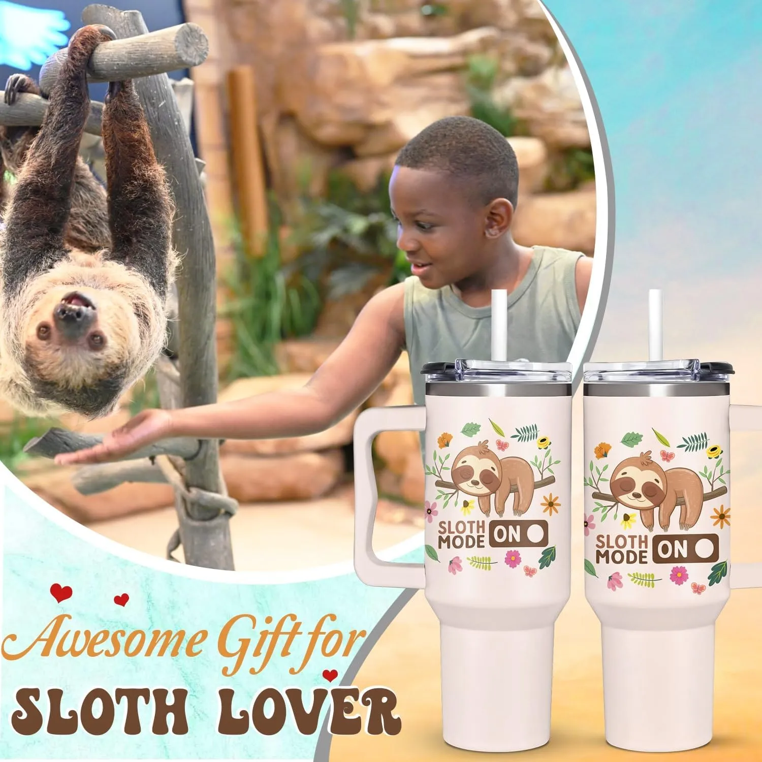 Sloth Gifts For Women - Sloth Tumbler for Animal Lovers - 40oz Tumbler with Handle Gift for Women, Girls 10-12 - Adult - Gifts for Birthday, Christmas, Mothers Day, Lazy Animal Enthusiasts