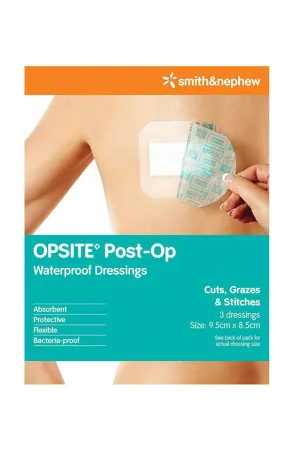 SMITH & NEPHEW OPSITE Post-Op Waterproof Dressings 9.5cmx8.5cm 3 Pack