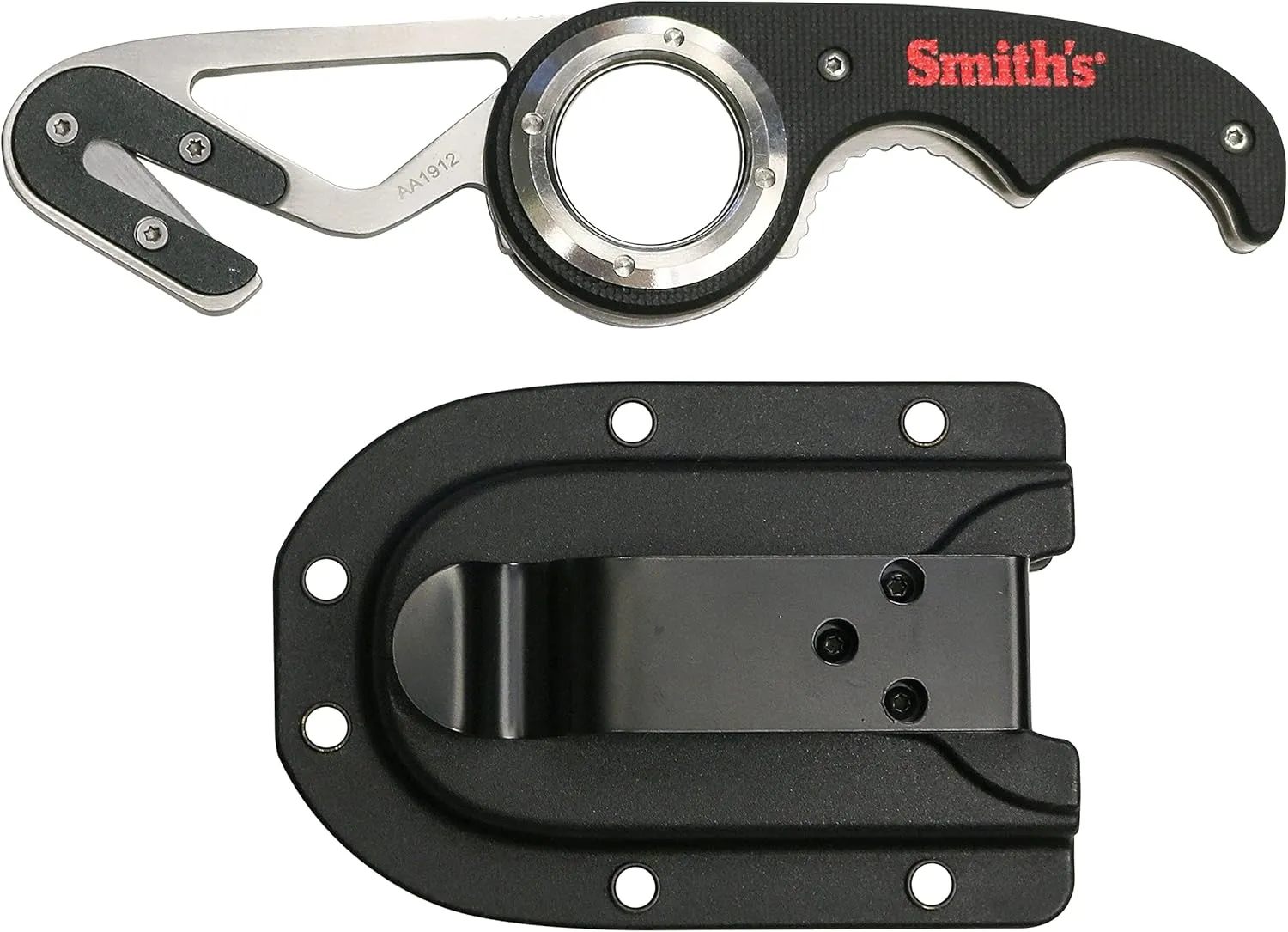 Smith’s 51103 Folding Gut Hook & Seatbelt Cutter - Stainless Steel Razor Cutting Blade - GFN Textured Handle - Lightweight, Compact,   Portable - Sheath w/Pocket Clip