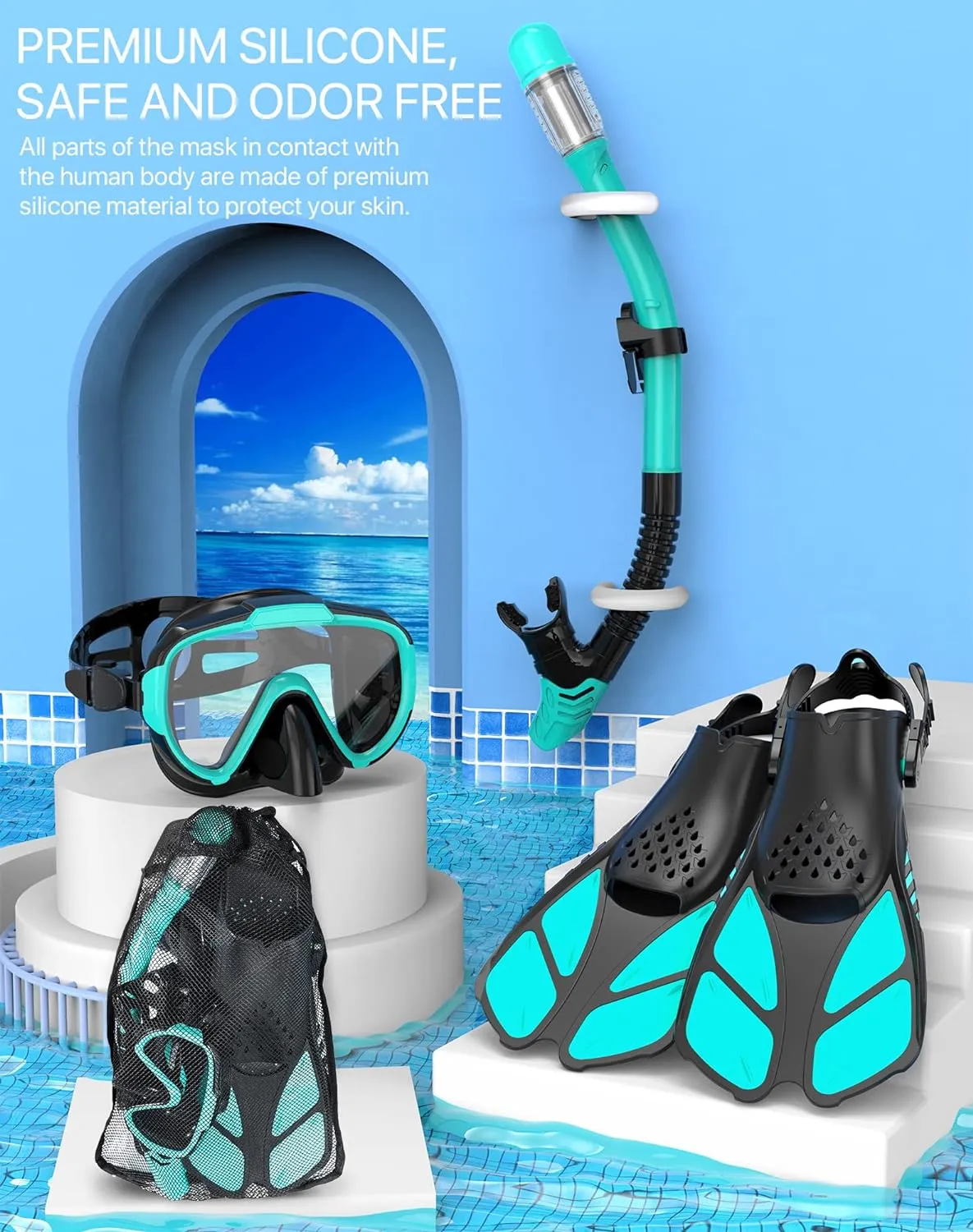 Snorkeling Gear for Adults Men Women,4 in 1 Snorkel Set with Panoramic View Diving Mask Anti-Fog Anti-Leak,Dry Top Snorkel,Fins and Travel Bag for Swimming,Snorkeling and Travel Diving