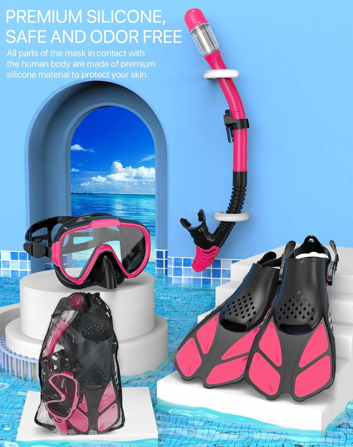 Snorkeling Gear for Adults Men Women,4 in 1 Snorkel Set with Panoramic View Diving Mask Anti-Fog Anti-Leak,Dry Top Snorkel,Fins and Travel Bag for Swimming,Snorkeling and Travel Diving