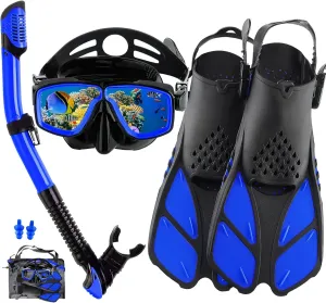 Snorkeling Gear for Adults with Fins Scuba Diving Gear Adult Professional Travel Snorkel Sets with Flippers,Anti-Fog Anti-Leak Diving Mask