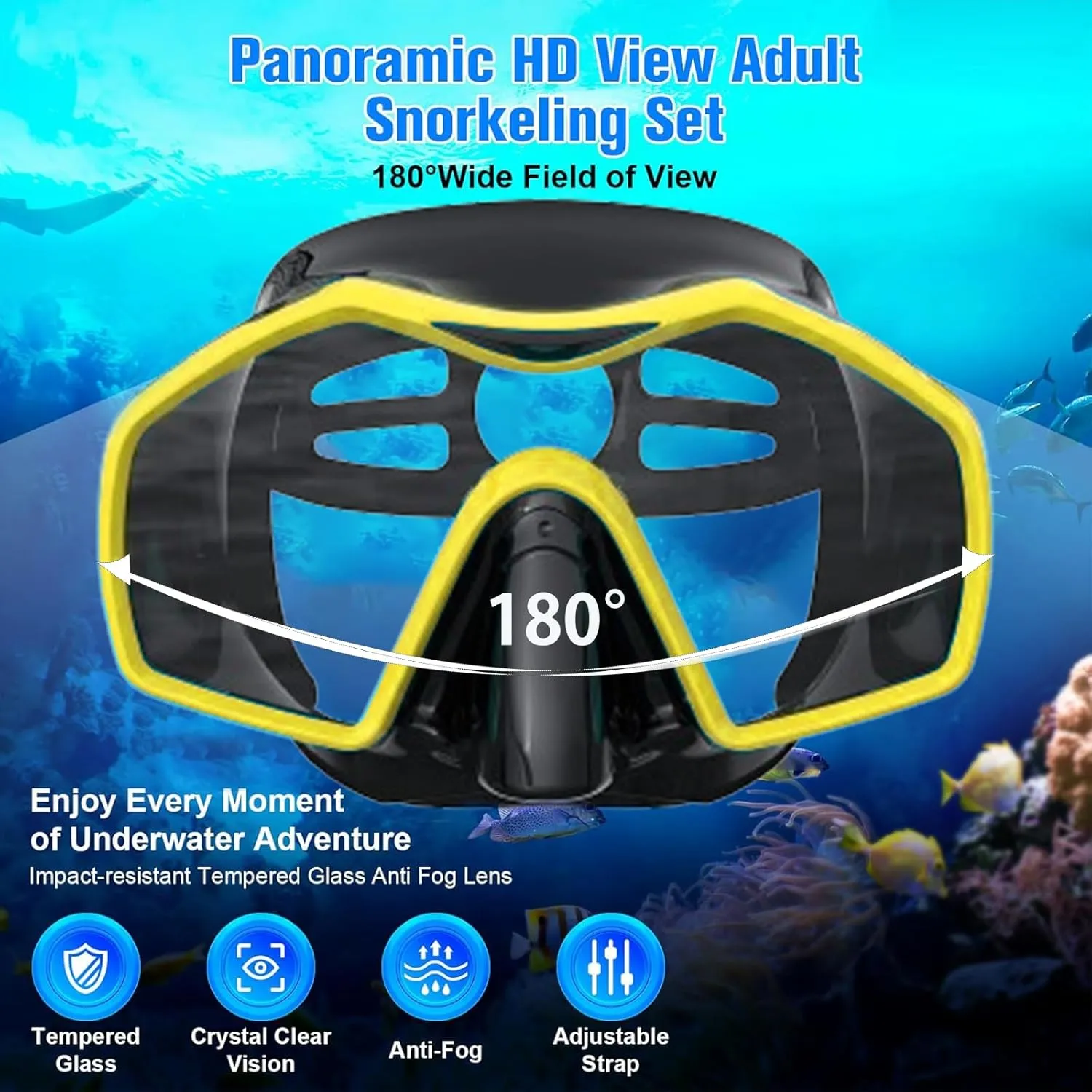 Snorkeling Gear for Adults,Mask Fins Snorkel Set,Panoramic View Diving Mask Anti-Fog,Dry Snorkel,Adjustable Swim Flippers and Travel Bag,Adults Snorkel Gear for Swimming Snorkeling Diving