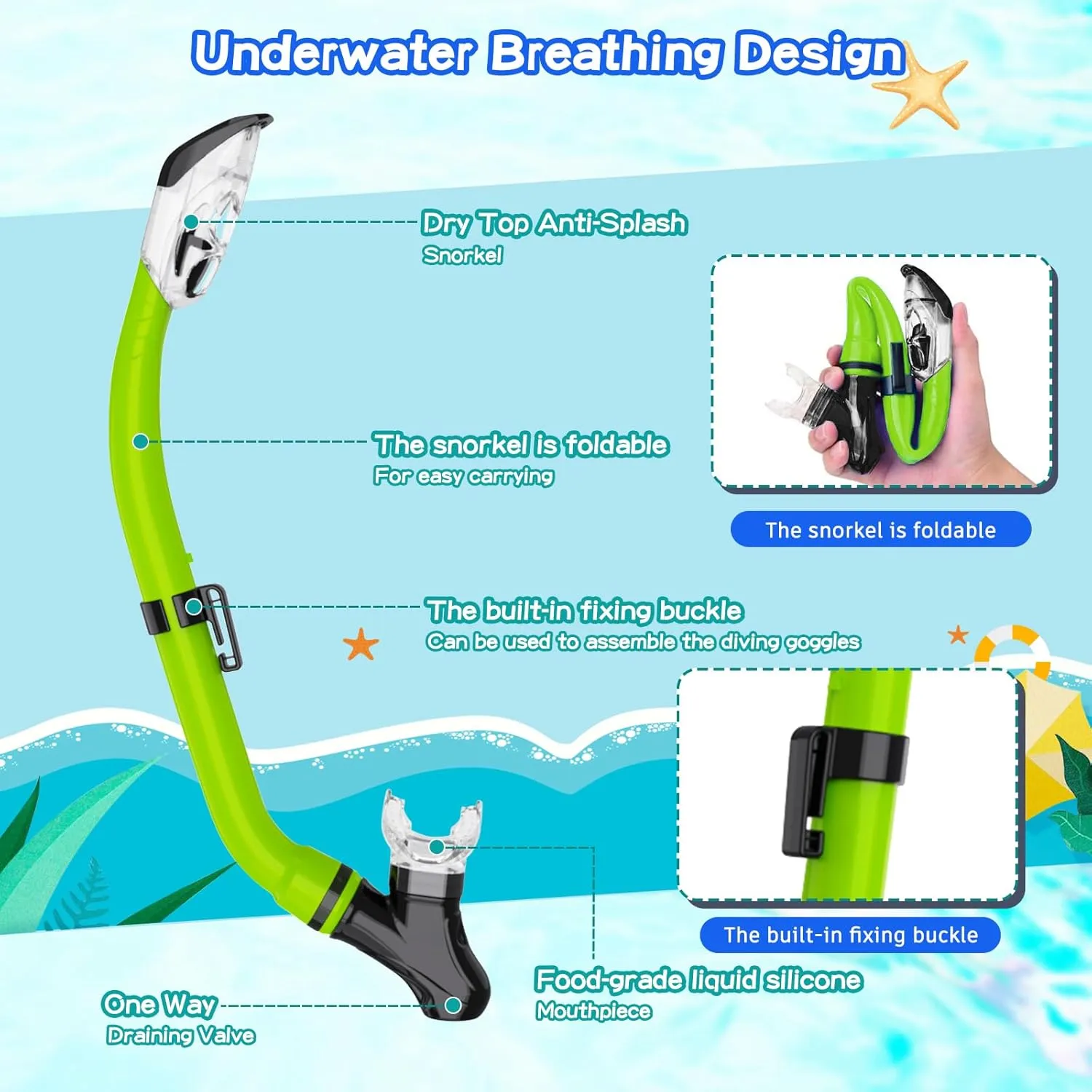 Snorkeling Gear for Kids with Foldable Silicone Full Dry Snorkel, Kids Snorkel Set Anti Leak Youth Junior Snorkeling Package Diving Mask Soft Tube with Mesh Bag Scuba Swimming Goggles