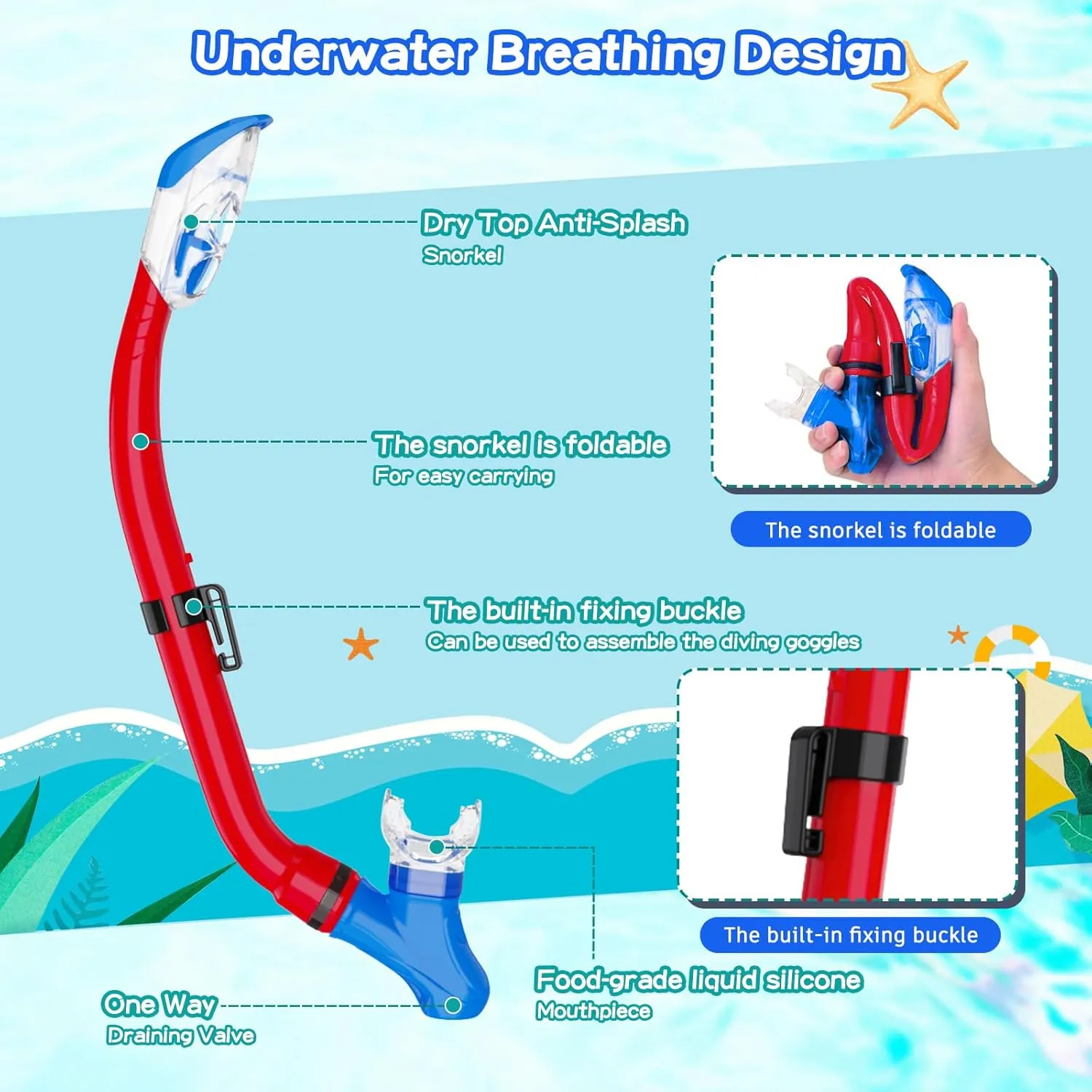 Snorkeling Gear for Kids with Foldable Silicone Full Dry Snorkel, Kids Snorkel Set Anti Leak Youth Junior Snorkeling Package Diving Mask Soft Tube with Mesh Bag Scuba Swimming Goggles