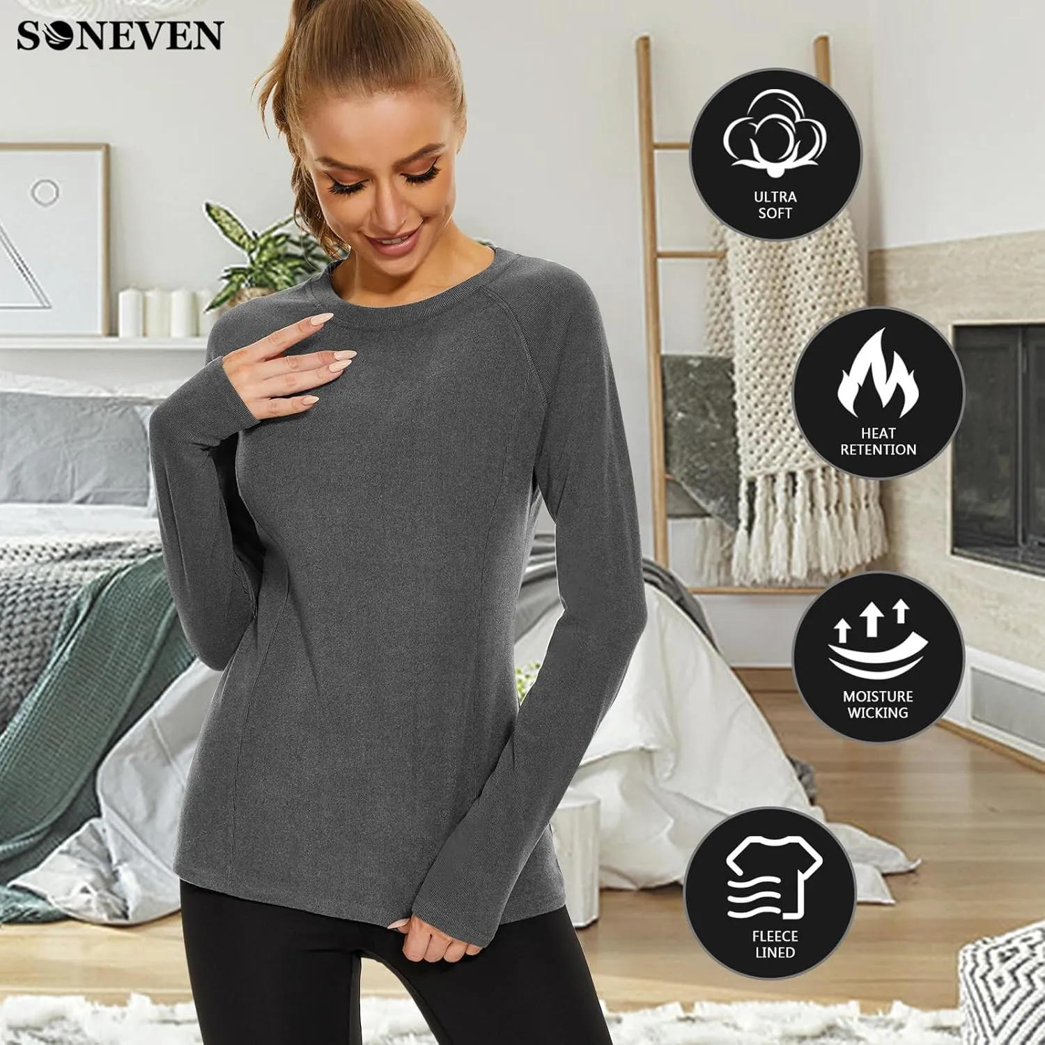 Soneven Thermal Shirts for Women Base Layer Ultra Soft Fleece Lined Underwear for Winter Cold Weather
