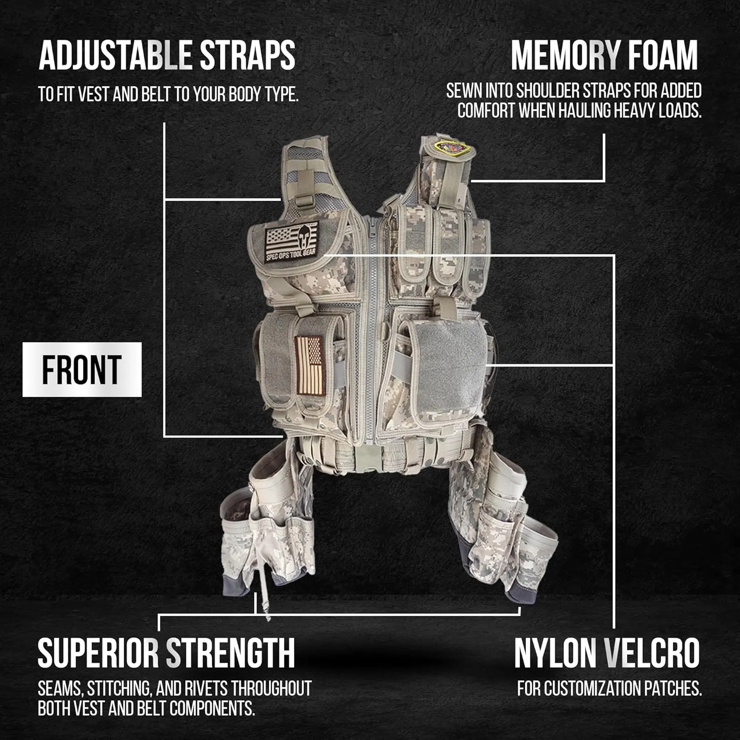 SOTG Charlie Tactical Tool Vest with Tools Pouches, Lightweight & Durable Construction Vest with Weight Dispersal Technology for Construction Work, Framers, Electricians, Carpenters