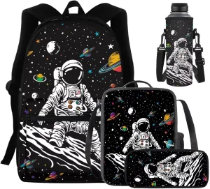 Space Astronaut Backpack for Girls Solar System Lunch Box for School Practical Pencil Case with Zipper Novelty Water Bottle Holder for Teens 4PCS Backpack Set for Students Nice Gifts