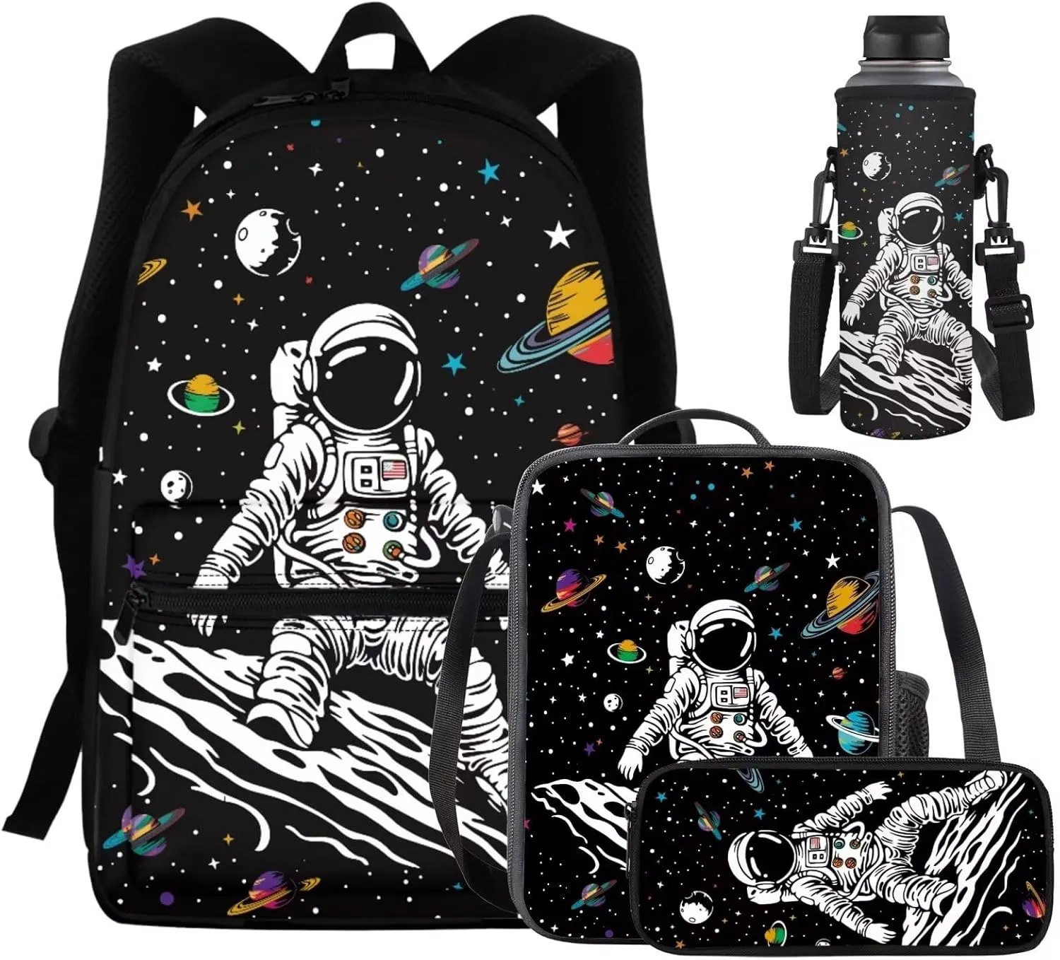 Space Astronaut Backpack for Girls Solar System Lunch Box for School Practical Pencil Case with Zipper Novelty Water Bottle Holder for Teens 4PCS Backpack Set for Students Nice Gifts