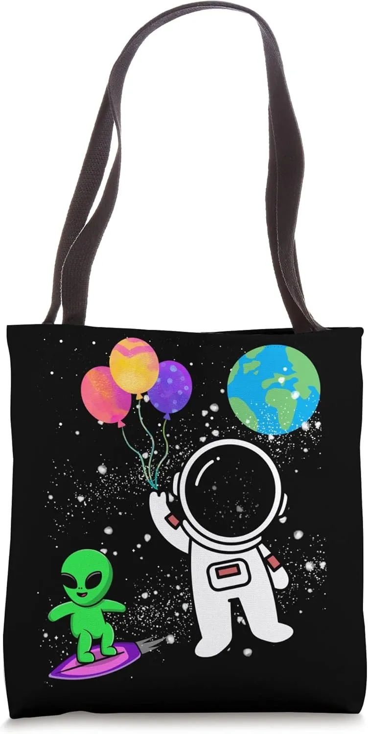 Space Astronaut's Balloon Adventure With Alien Surfer Tote Bag
