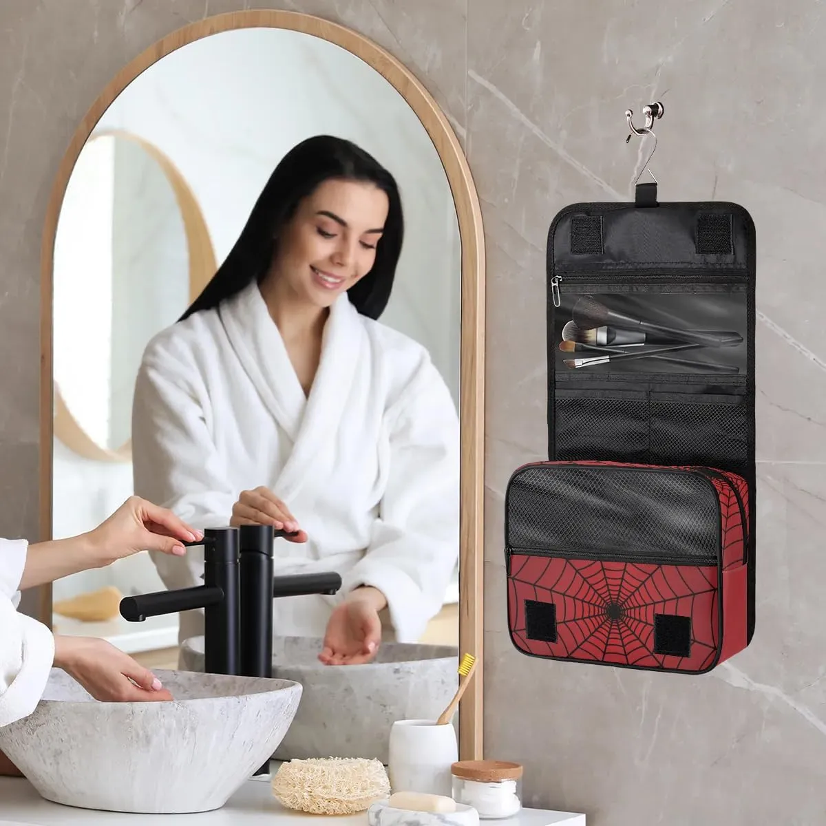 Spider Web Boys Hanging Toiletry Travel Bag Kids Waterproof Wash Cosmetic Bag Makeup Organizer for Travel Picnic Camping