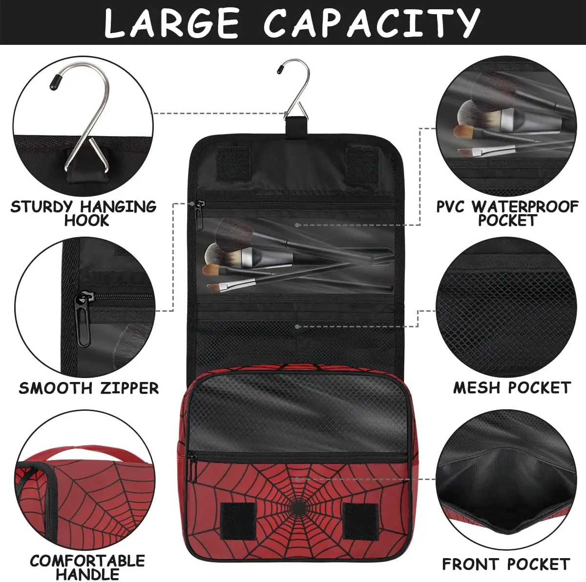 Spider Web Boys Hanging Toiletry Travel Bag Kids Waterproof Wash Cosmetic Bag Makeup Organizer for Travel Picnic Camping