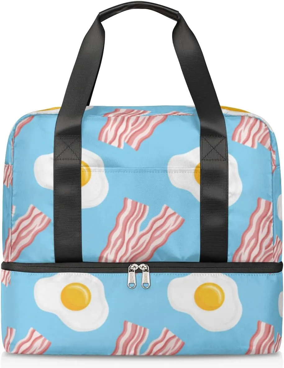 Sports Gym Bag with Shoes Compartment, Bacon Breakfast Egg Travel Duffel Bag,Yoga Workout Bag Training Handbag,food breakfast Overnight Bag Large Carry On Bag for Women Men Kids Girls Boys