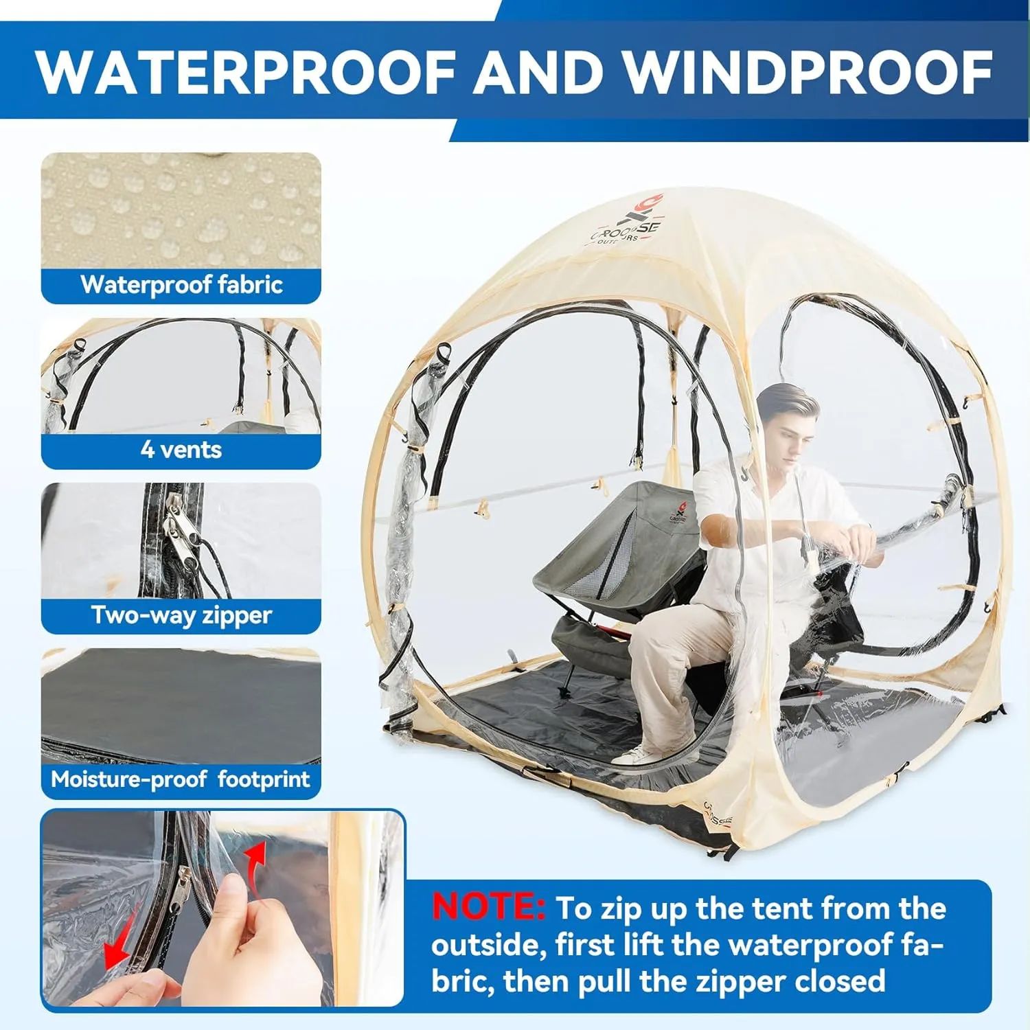 Sports Tent Pop Up Shelter - Instant Pod for All Weather, 2/4/6 Person Bubble Tent with Top Cover, Waterproof Clear Tent for Sports Events, Camping, Fishing, Cheering and Other Outdoor Activities