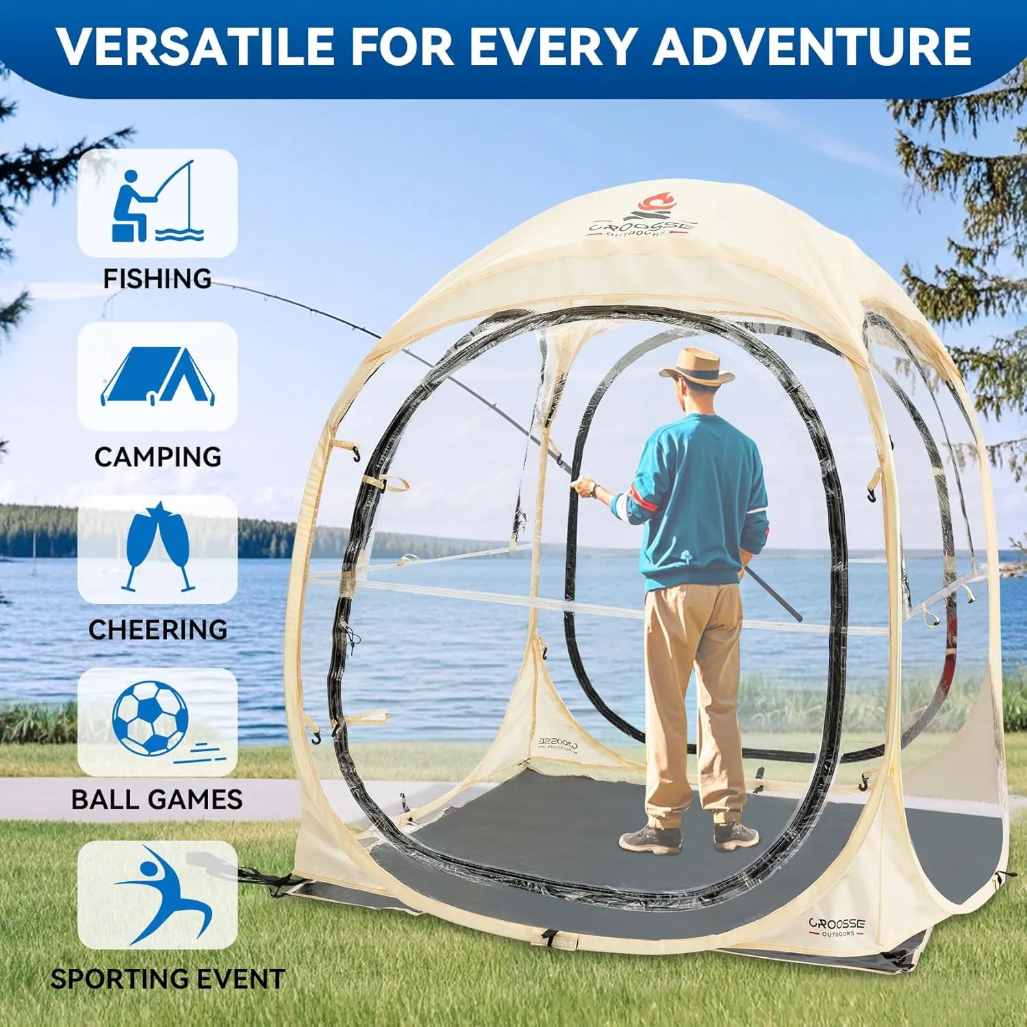 Sports Tent Pop Up Shelter - Instant Pod for All Weather, 2/4/6 Person Bubble Tent with Top Cover, Waterproof Clear Tent for Sports Events, Camping, Fishing, Cheering and Other Outdoor Activities