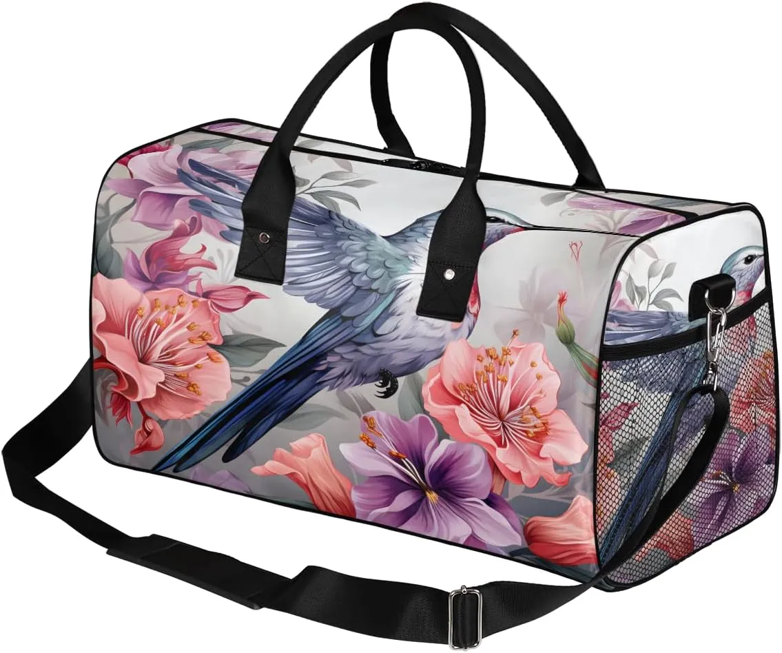 Spring Watercolor Hummingbird Travel Duffle Bag for Women Men Foldable Waterproof Weekender Bag Carry on Tote for Overnight Sports Gym Bird Animal