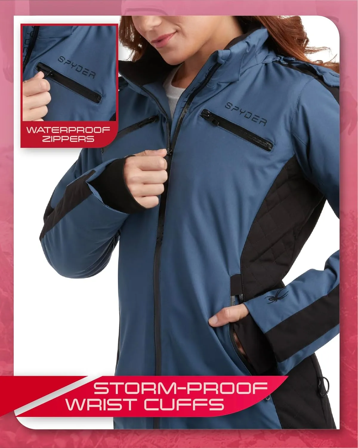 Spyder Women's Snow Jacket - Color Block Quilted Weatherproof Winter Ski Jacket for Women with Detachable Hood (Sizes: S-XL)
