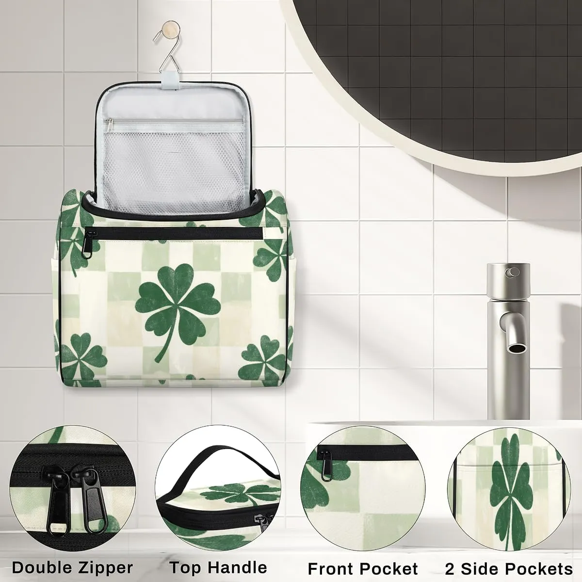 St. Patrick's Day Leaf Clovers Travel Toiletry Bag for Men and Women, Large Hanging Makeup Bag Organizer Toiletries Bag for Travel, Cosmetic Bag with Handle