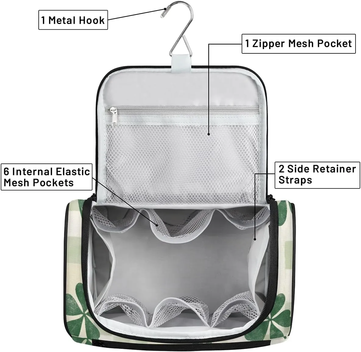 St. Patrick's Day Leaf Clovers Travel Toiletry Bag for Men and Women, Large Hanging Makeup Bag Organizer Toiletries Bag for Travel, Cosmetic Bag with Handle