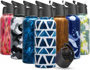 Stainless Steel Insulated Water Bottle - THILY Triple Insulated 32 oz Leakproof Wide Mouth Water Flask Mug with 2 Lids and Straws, for Gym, Travel, Hiking, Blue Triangle