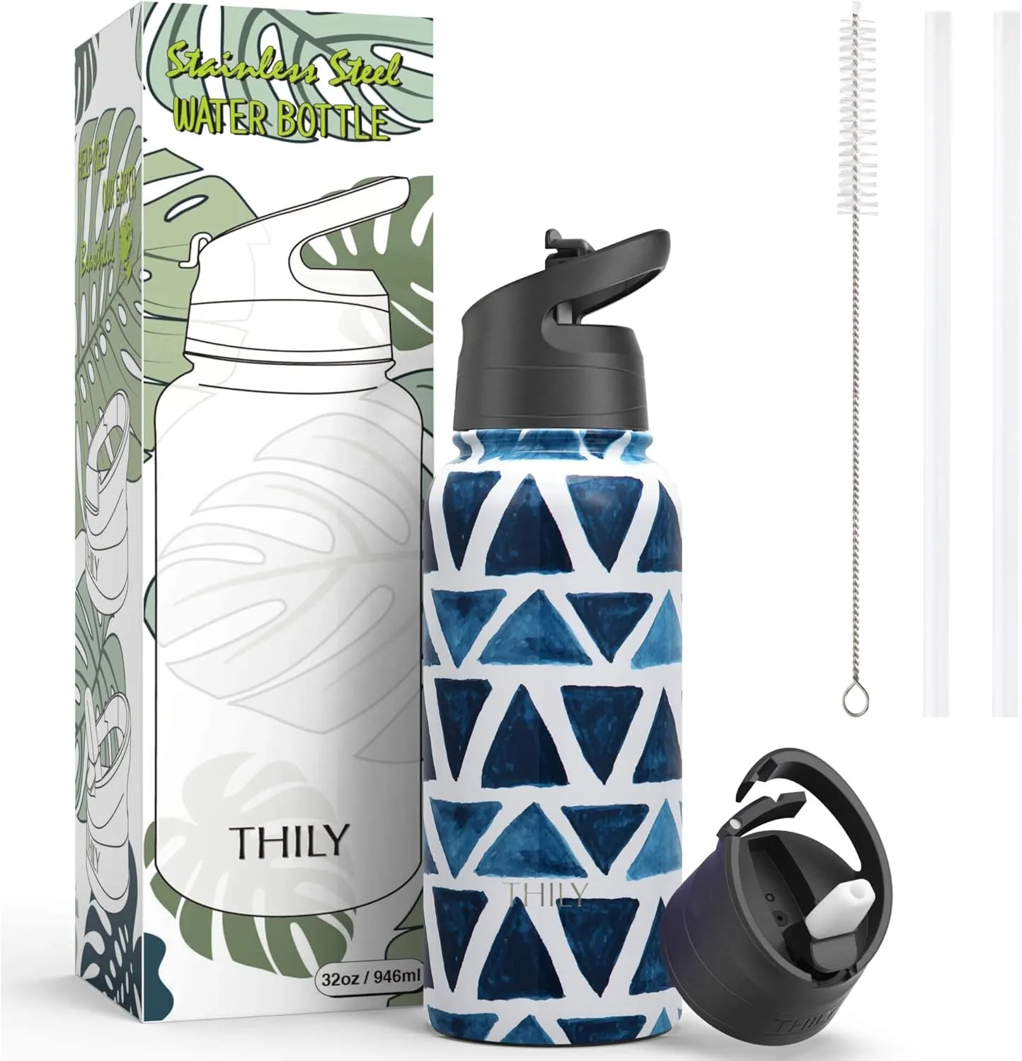 Stainless Steel Insulated Water Bottle - THILY Triple Insulated 32 oz Leakproof Wide Mouth Water Flask Mug with 2 Lids and Straws, for Gym, Travel, Hiking, Blue Triangle