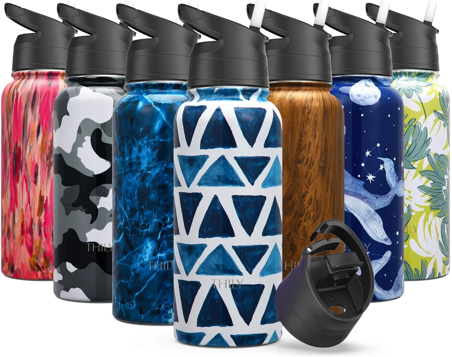 Stainless Steel Insulated Water Bottle - THILY Triple Insulated 32 oz Leakproof Wide Mouth Water Flask Mug with 2 Lids and Straws, for Gym, Travel, Hiking, Blue Triangle