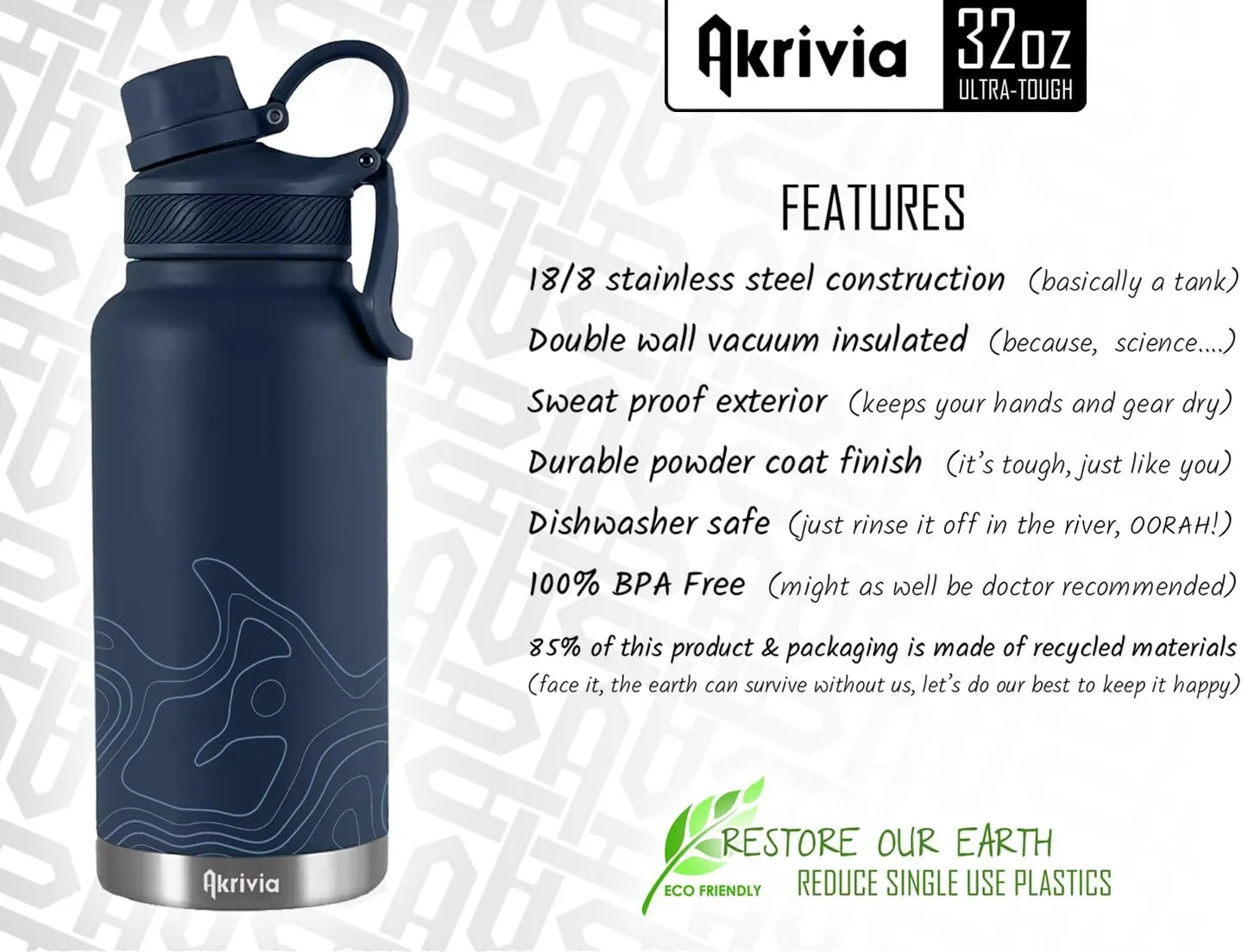 Stainless Steel Water Bottle - Ultra Tough 32oz / 1 Liter Vacuum Insulated Double Wall Flask, Metal Canteen, (Navy Blue/AF Blue)