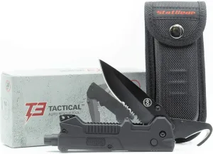 StatGear T3 Tactical Auto Rescue Tool - Folding Rescue Knife, Glass Window Breaker, Seatbelt Cutter, Molded Grips, LED Light, Sheath