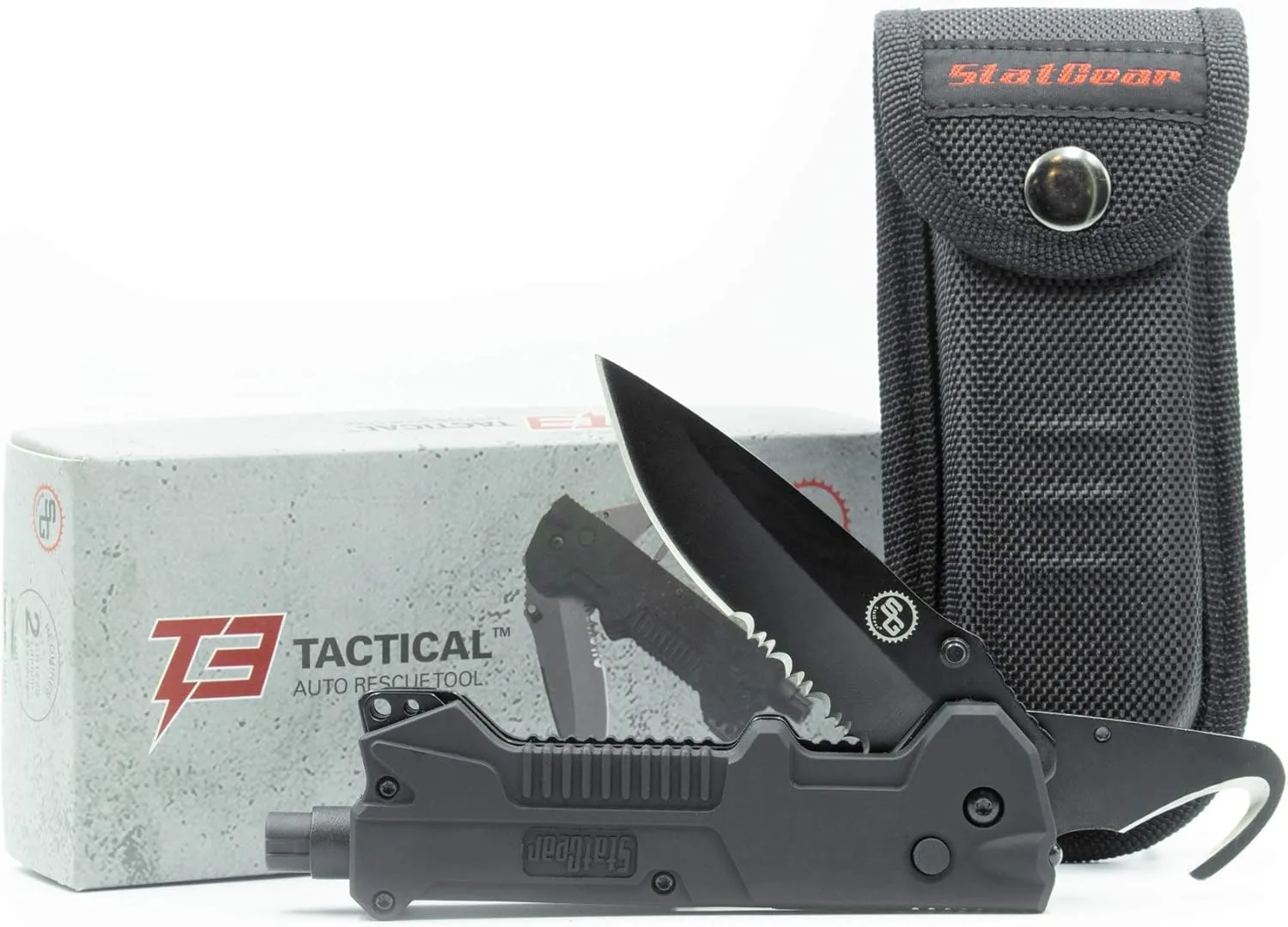 StatGear T3 Tactical Auto Rescue Tool - Folding Rescue Knife, Glass Window Breaker, Seatbelt Cutter, Molded Grips, LED Light, Sheath