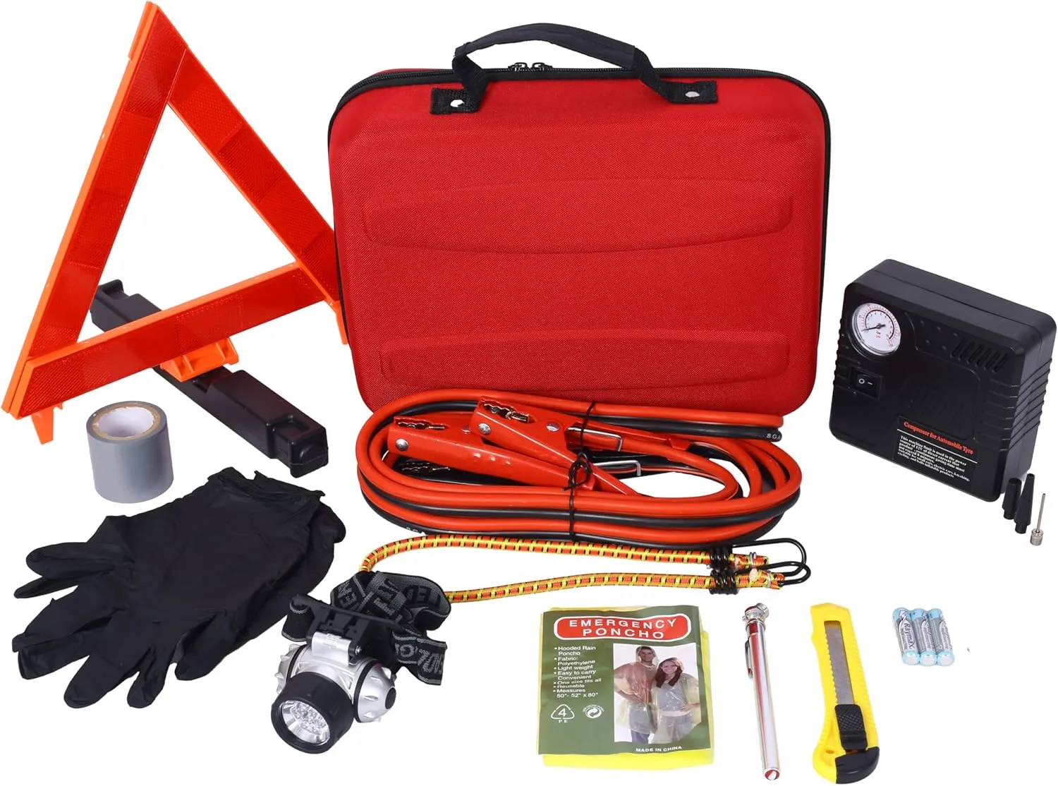 Stay Safe on The Road with Essential Emergency Car Kit, Portable Air Compressor, First Aid Supplies, and Roadside Assistance Tools, Red