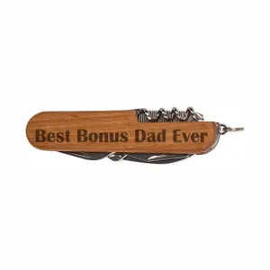 Step Dad Knife Best Bonus Dad Ever Wooden 8-Function Multi-Tool Pocket Folding Knife Laser Engraved Dark Wood Fathers Day Christmas Present