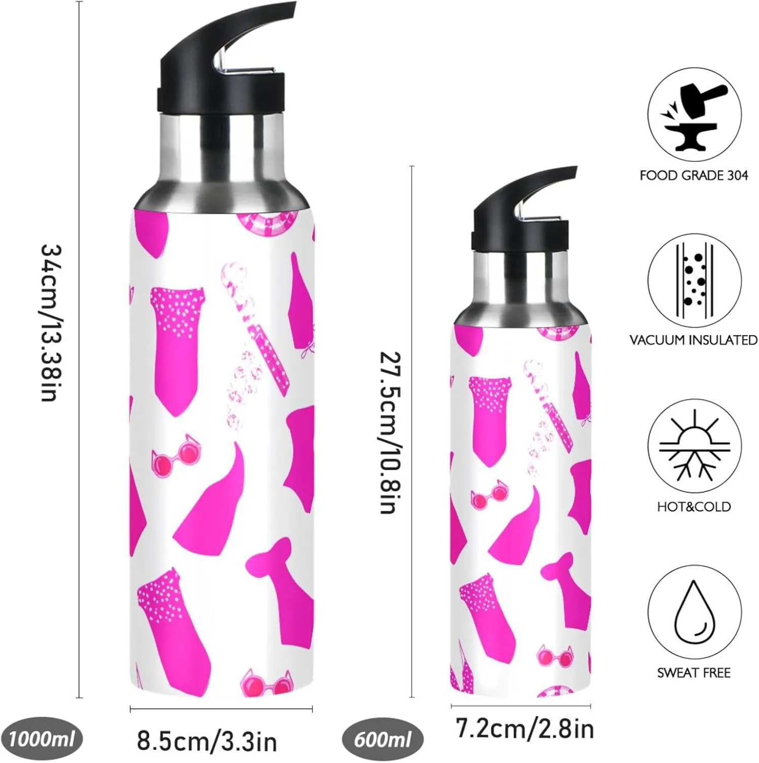 Summer Pattern Sports Water Bottle with Straw, 22oz BPA Free Stainless Steel Vacuum Insulated Bottle for Gym Fitness Outdoor