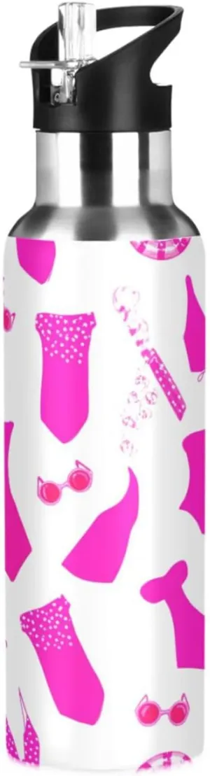 Summer Pattern Sports Water Bottle with Straw, 22oz BPA Free Stainless Steel Vacuum Insulated Bottle for Gym Fitness Outdoor